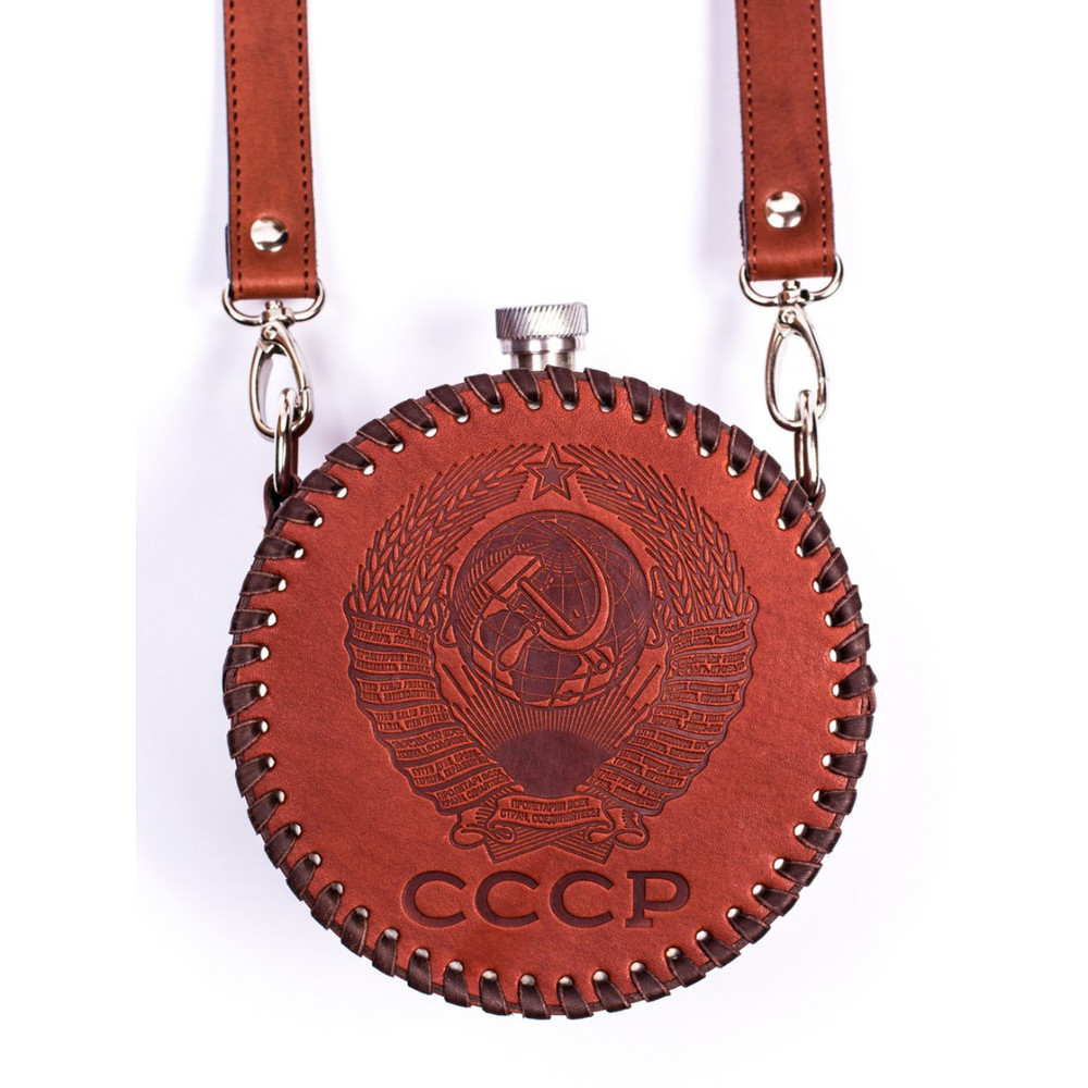 FRENZO GIFTS ФФ.44.СССР ФЛЯЖКА ПОДАРОЧНАЯ В КОЖАНОМ ЧЕХЛЕ / КОРИЧНЕВЫЙ